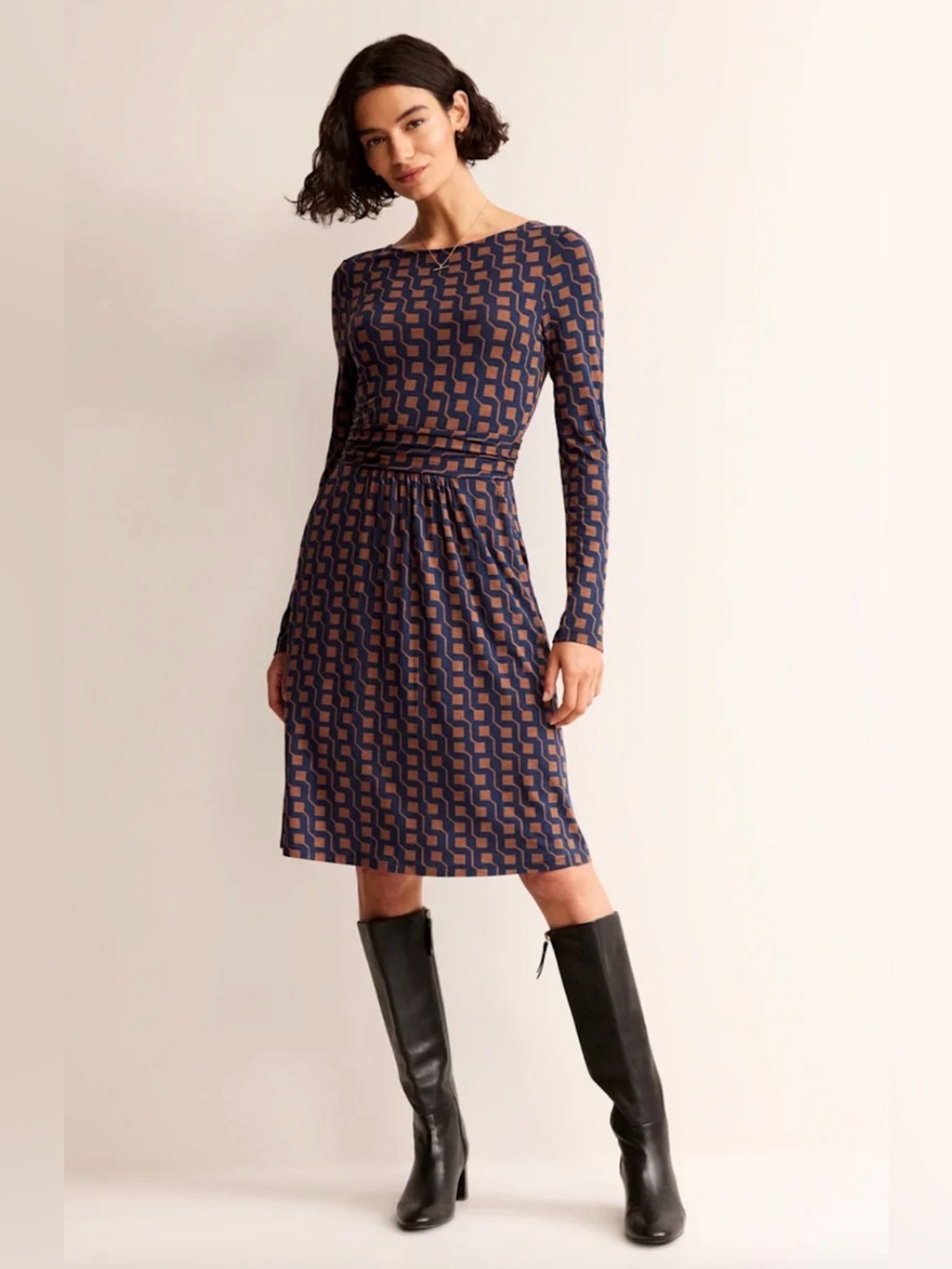 Boden Abigail Navy and Brown Geometric Long-Sleeve Fall Jersey Dress Size 6
